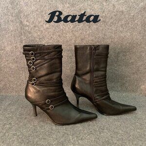 Bata Women’s Straps Black Pointy Toe Side Zip Heel Boots